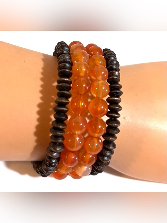 Fashion Jewelry Jewelry - Fashion Jewelry Orange Bead and Dark Wood Stackable plastic Bracelet Set